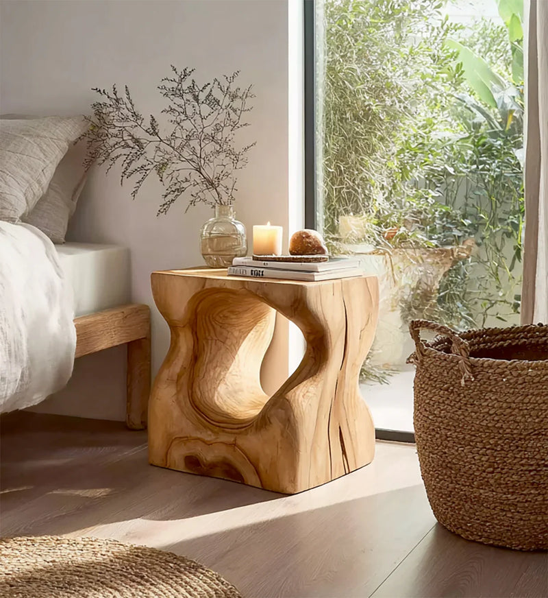 Carved wood side table with vase, candle, and books in a sunlit cozy bedroom near window