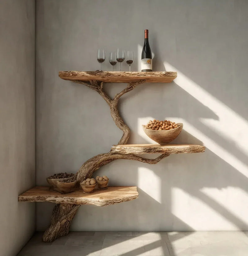 Rustic natural wood wall shelves with wine bottle, three glasses, and wooden bowls filled with nuts
