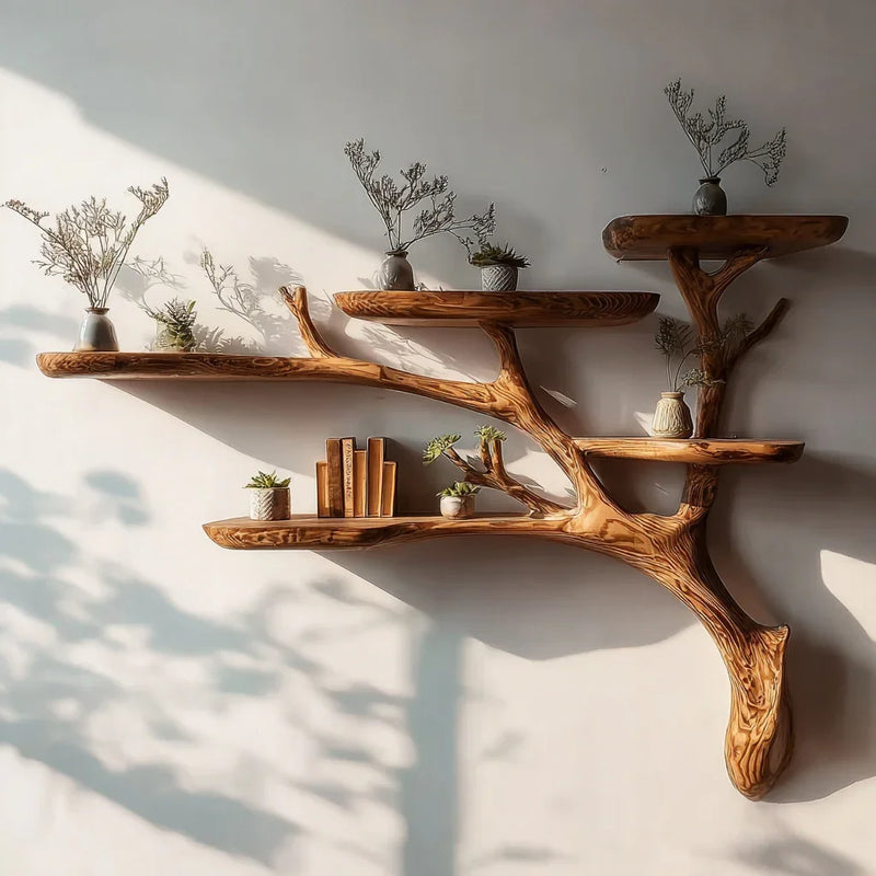 wooden tree branch wall shelf decorated with vases, plants, and books casting shadows on white wall
