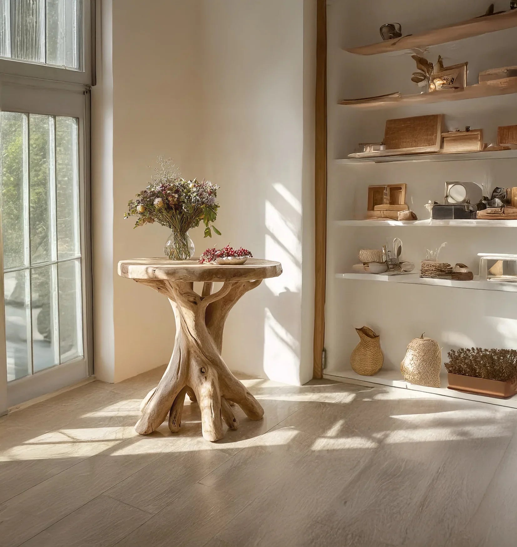 Live edge solid wood side table with natural branch base in sunlit modern room