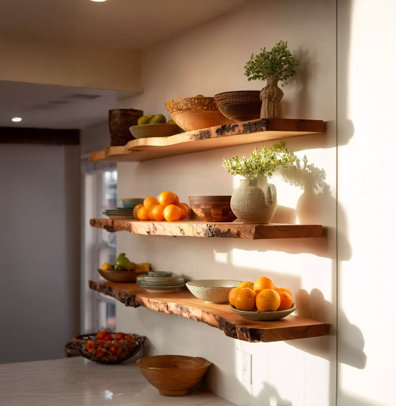 Rustic wooden kitchen shelves with clay bowls, fresh oranges, and decorative plants in soft sunlight