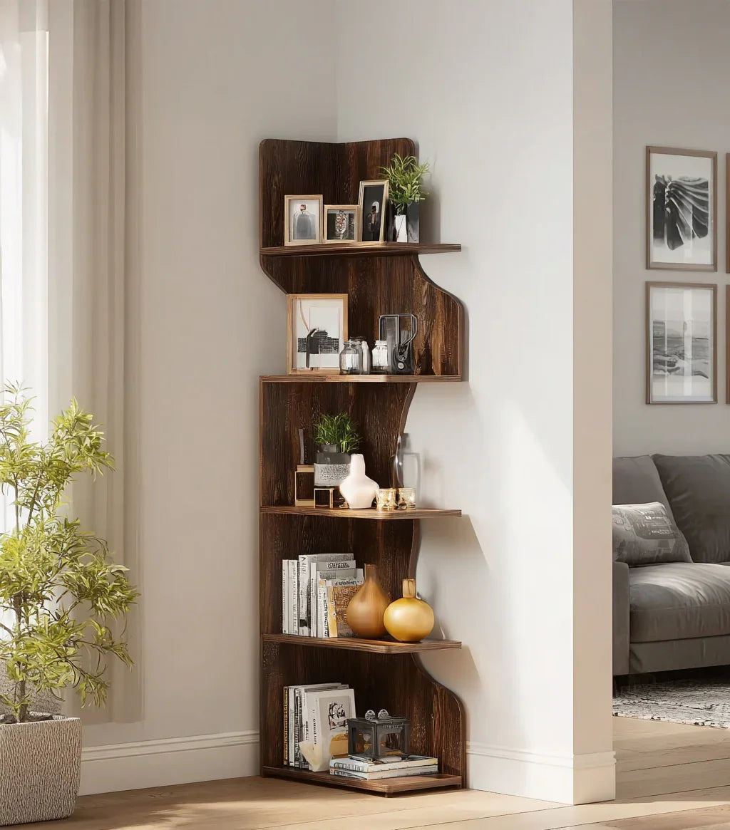 Dark wood corner shelf with decorative vases, framed photos, plants, books in modern living room