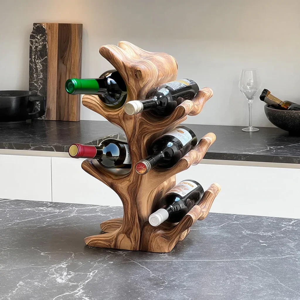 Handmade Mid Century Wine Bottle Holder – Solid Wood Rack for Kitchen