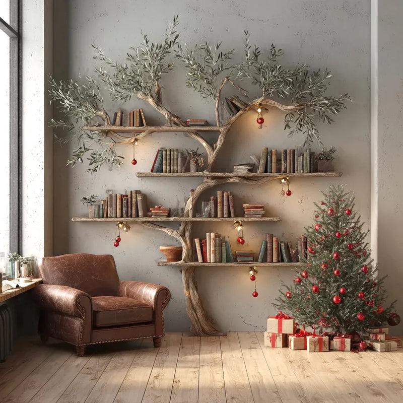 Tree-shaped wooden bookshelf with books and ornaments next to a Christmas tree and armchair.