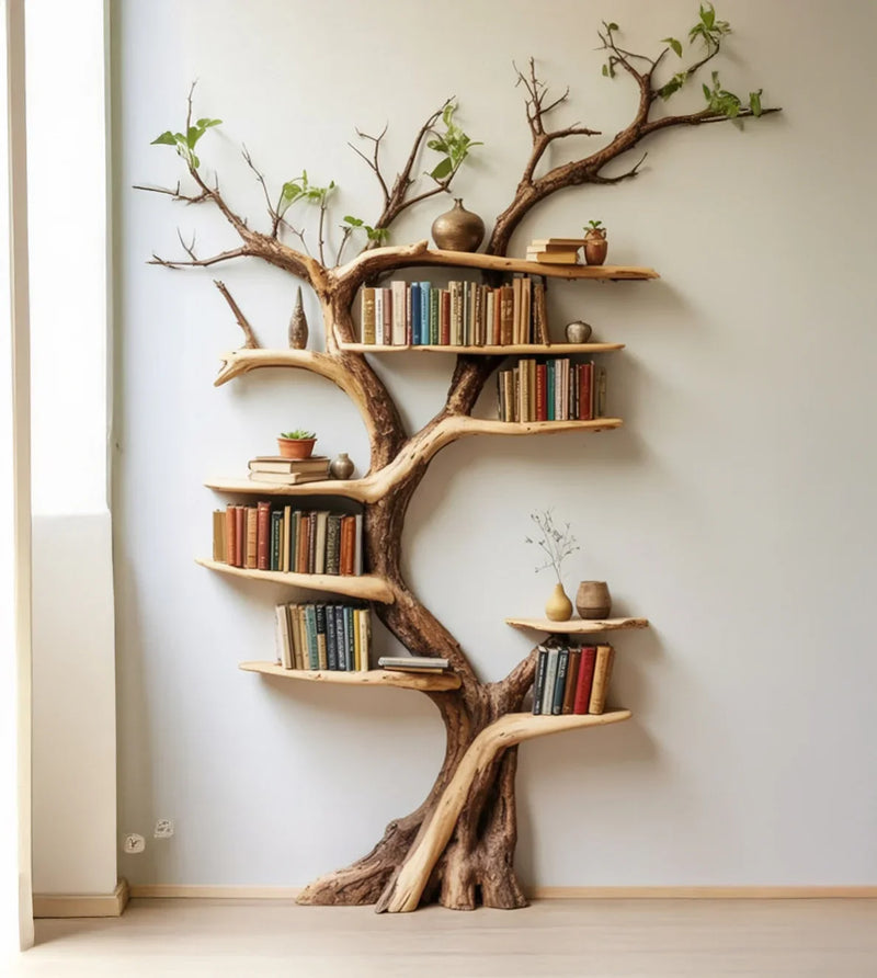 Unique tree-shaped wooden bookshelf with books, small plants, and decorative vases against white wall