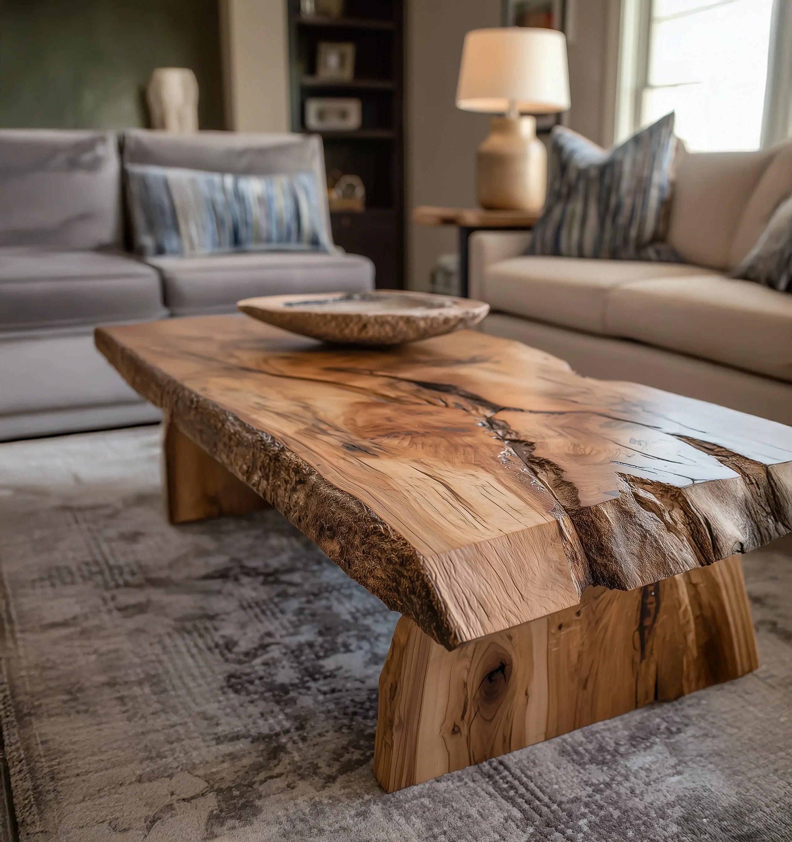 Living room with rustic live edge wooden coffee table, beige sofas, and soft cushions