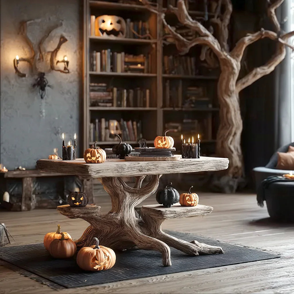 Rustic Halloween decor with carved pumpkins and black candles on tree stump table in cozy library