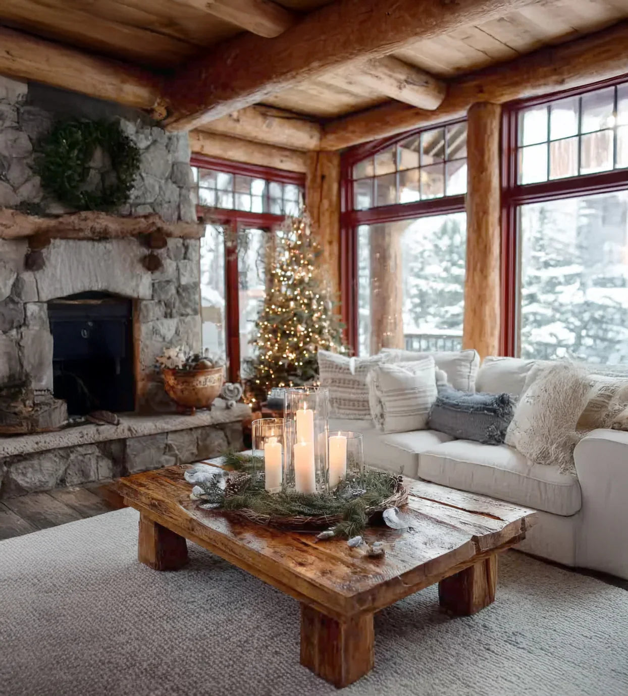 Cozy rustic living room with stone fireplace, wooden coffee table with candle centerpiece, Christmas tree, and large windows