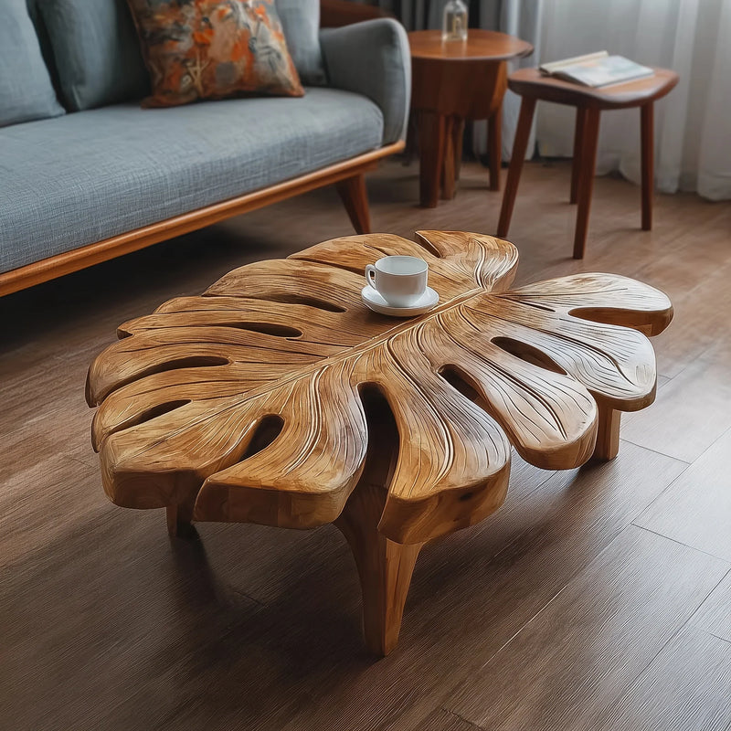 Solid wood coffee table with a live edge leaf design in a modern living room setting