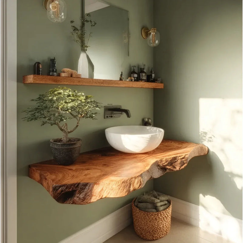 Modern bathroom with floating live edge wooden vanity, white vessel sink, potted plant, and wicker basket