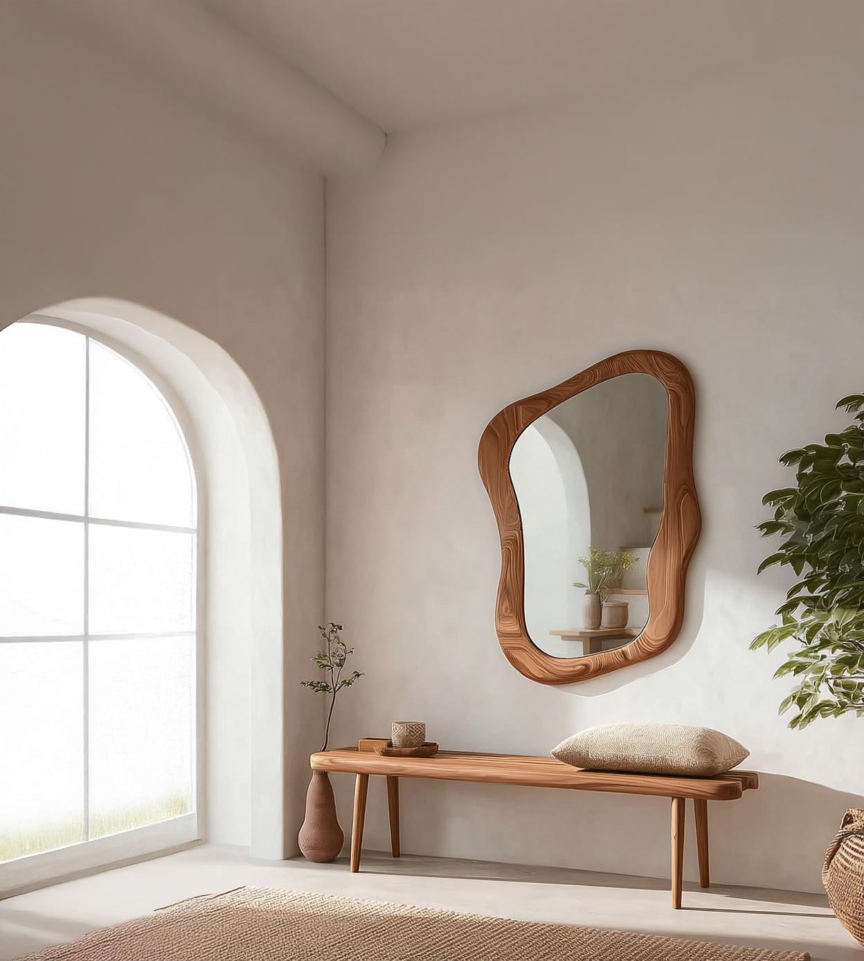 Wood Framed Asymmetrical Large Wall Mirror β Irregular Modern Boho Accent Mirror for Home Decor