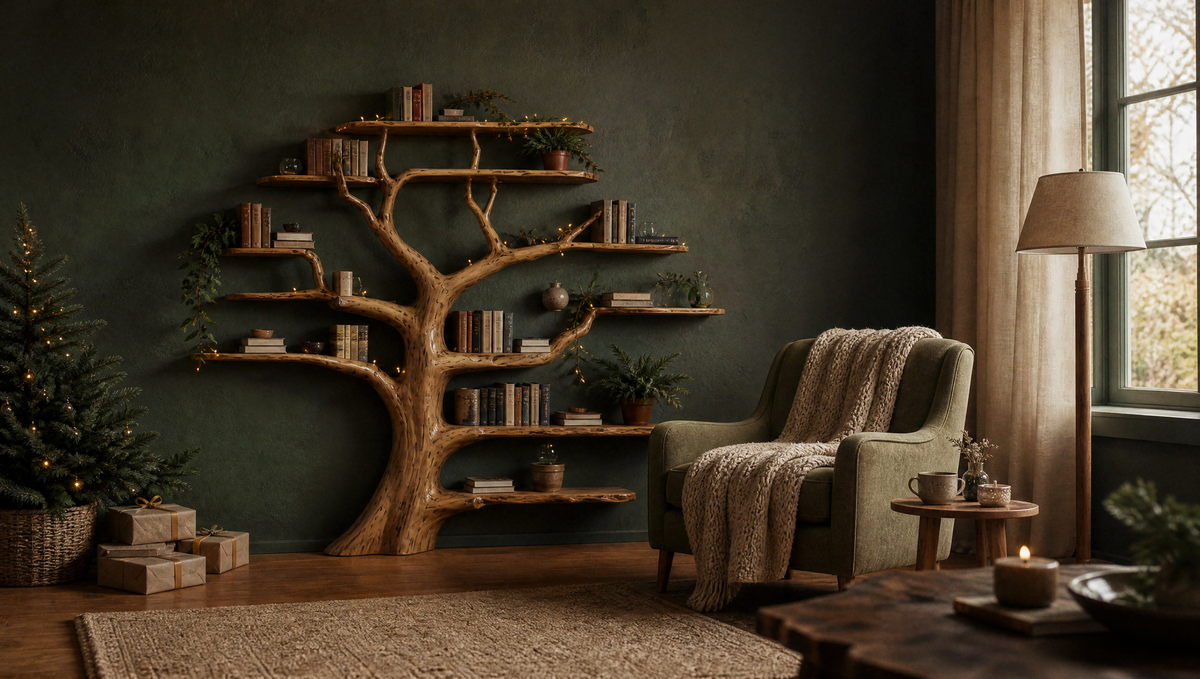 An Ashdeco tree-shaped wall bookshelf with fairy lights and ornaments on a green wall, beside a leather armchair, a small tree and wrapped gifts
