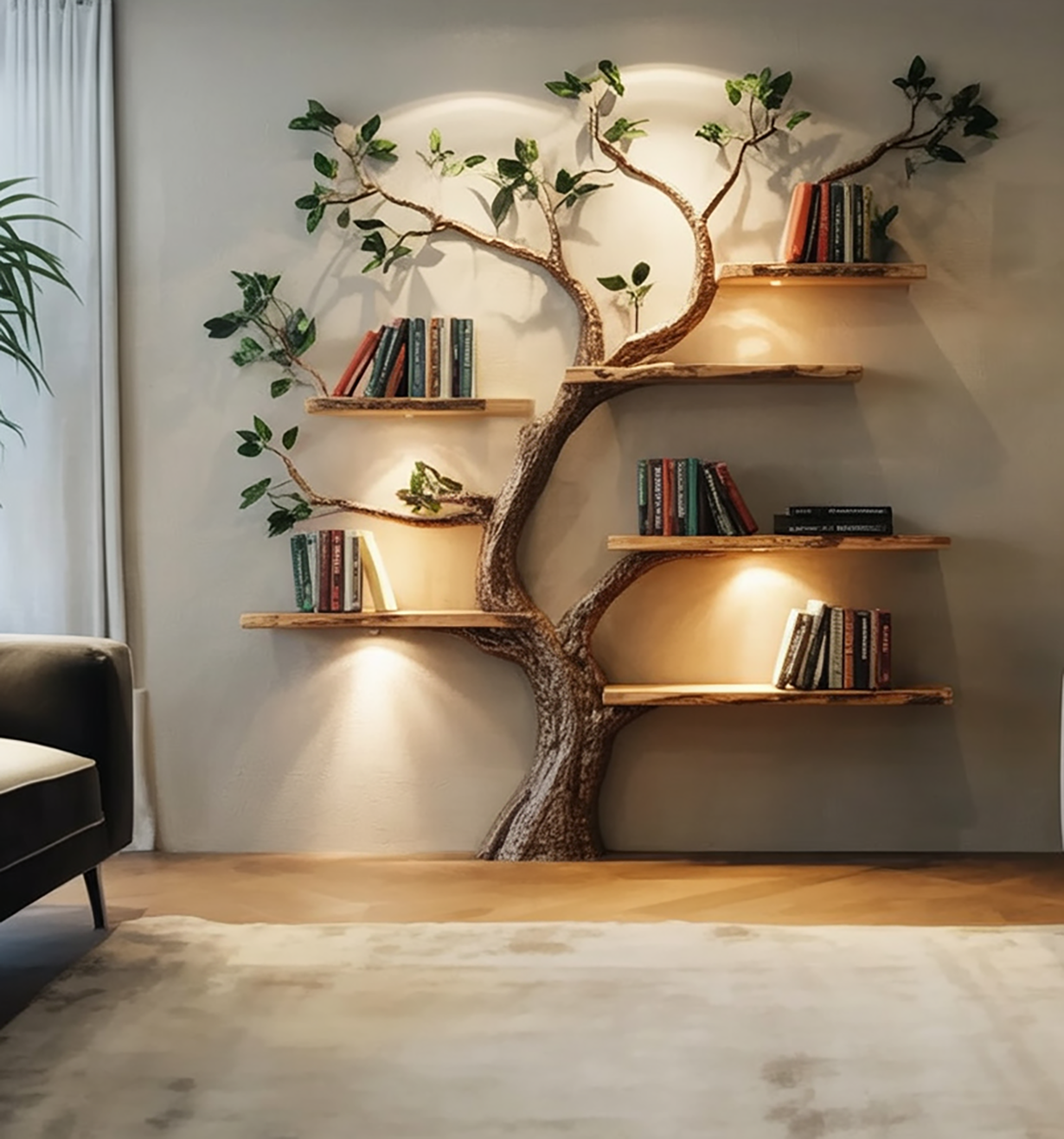 Modern tree-shaped wooden bookshelf with green leaves and books, wall-mounted in cozy living room