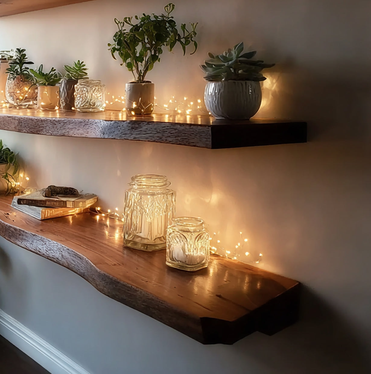 Live edge floating wood shelves with potted plants, glass jars, and string lights on wall