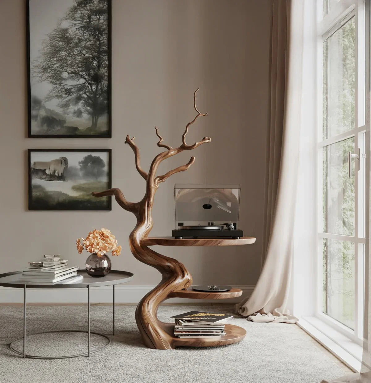 Solid wood tree bookshelf with live edge shelves in a modern living room next to a window