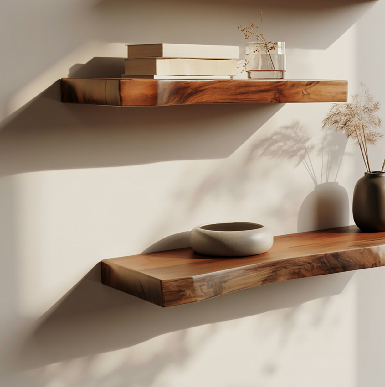 Sustainably crafted live edge wooden floating shelves with books, vase, and bowl decor