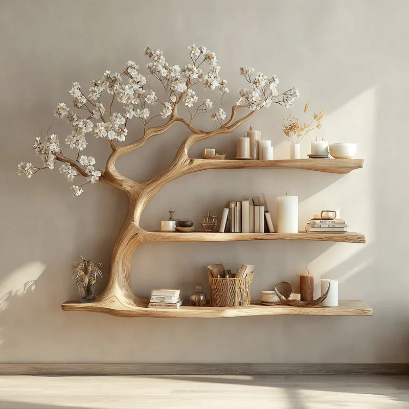 Wooden wall shelves shaped like a tree with white blossoms, decorated with candles, books, and dried flowers
