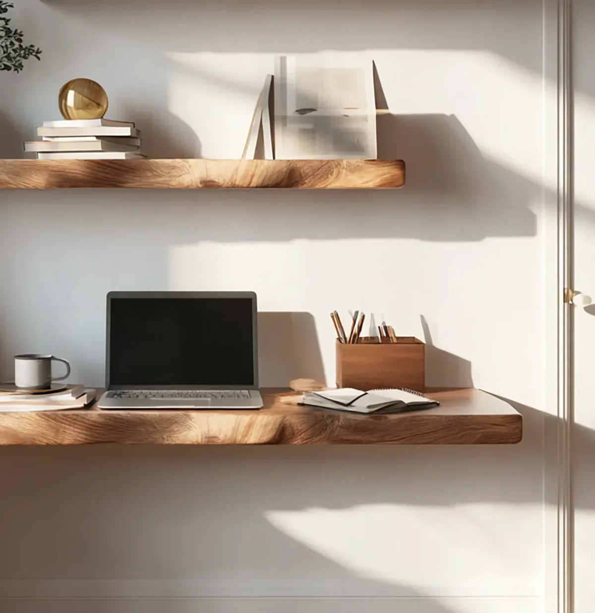 Minimalist wooden floating shelves with laptop, notebooks, coffee cup, and pencil holder in bright workspace