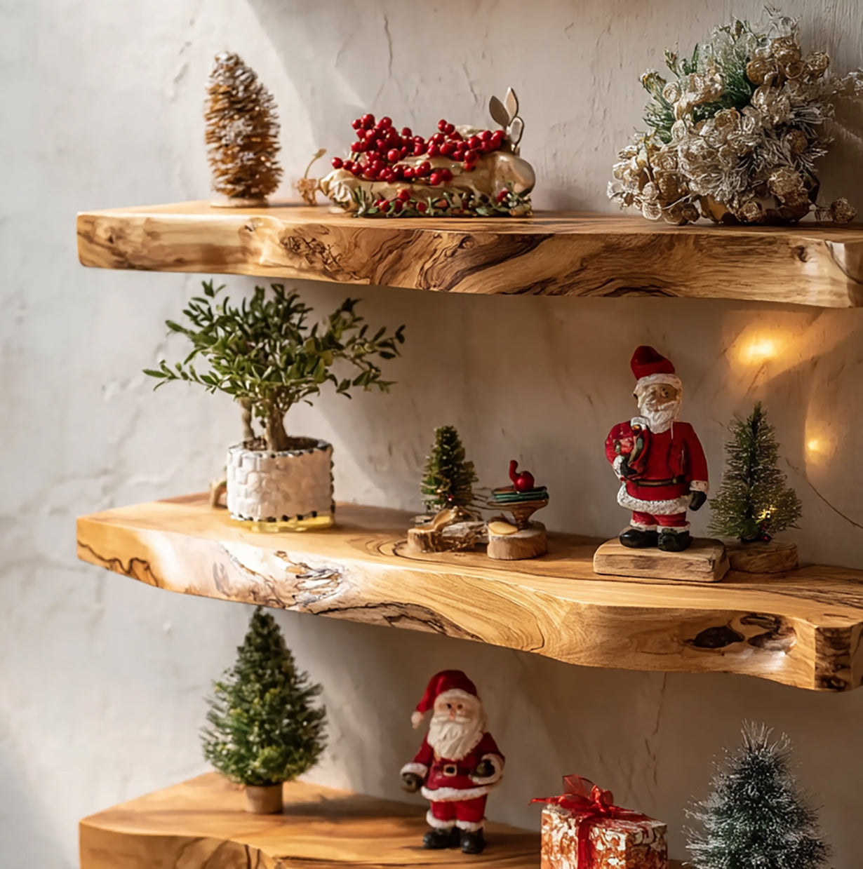 Rustic wooden shelves decorated with Christmas figures, miniature trees, gift box, and holiday greenery