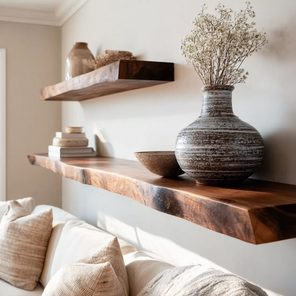 Solid wood live edge floating shelves decorated with vases, bowls, and books above a sofa.