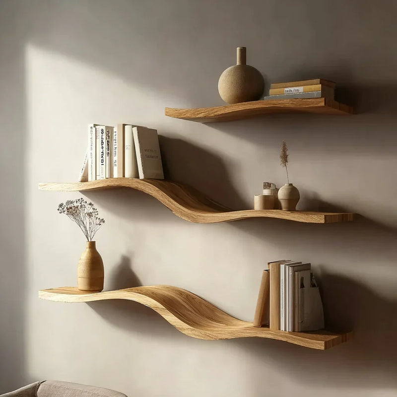 Three wavy wooden wall shelves with neutral decor, books, and vases in a minimalist living space