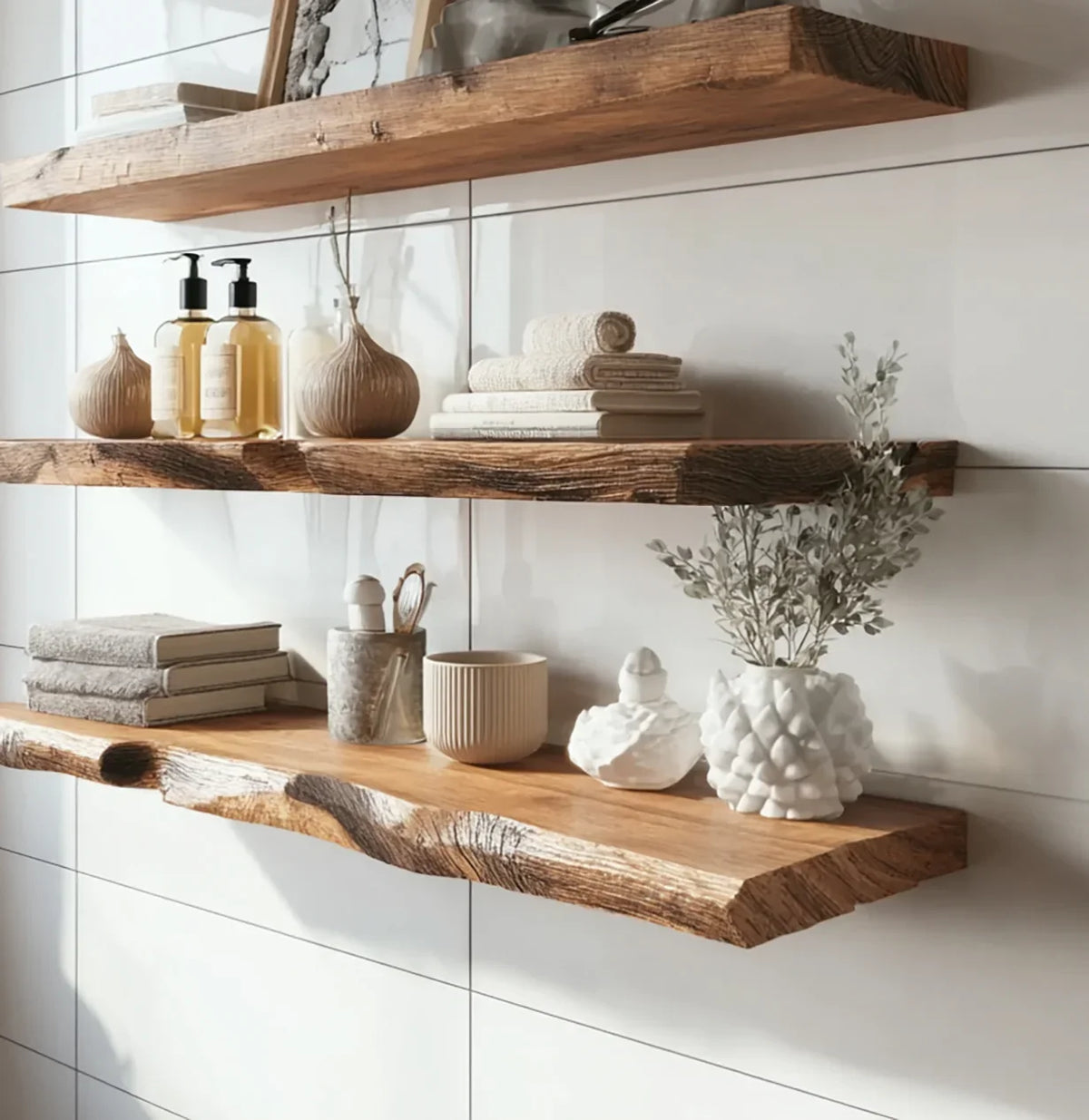 Rustic wooden floating shelves with soaps, towels, ceramic decor, and green foliage on white tiled wall