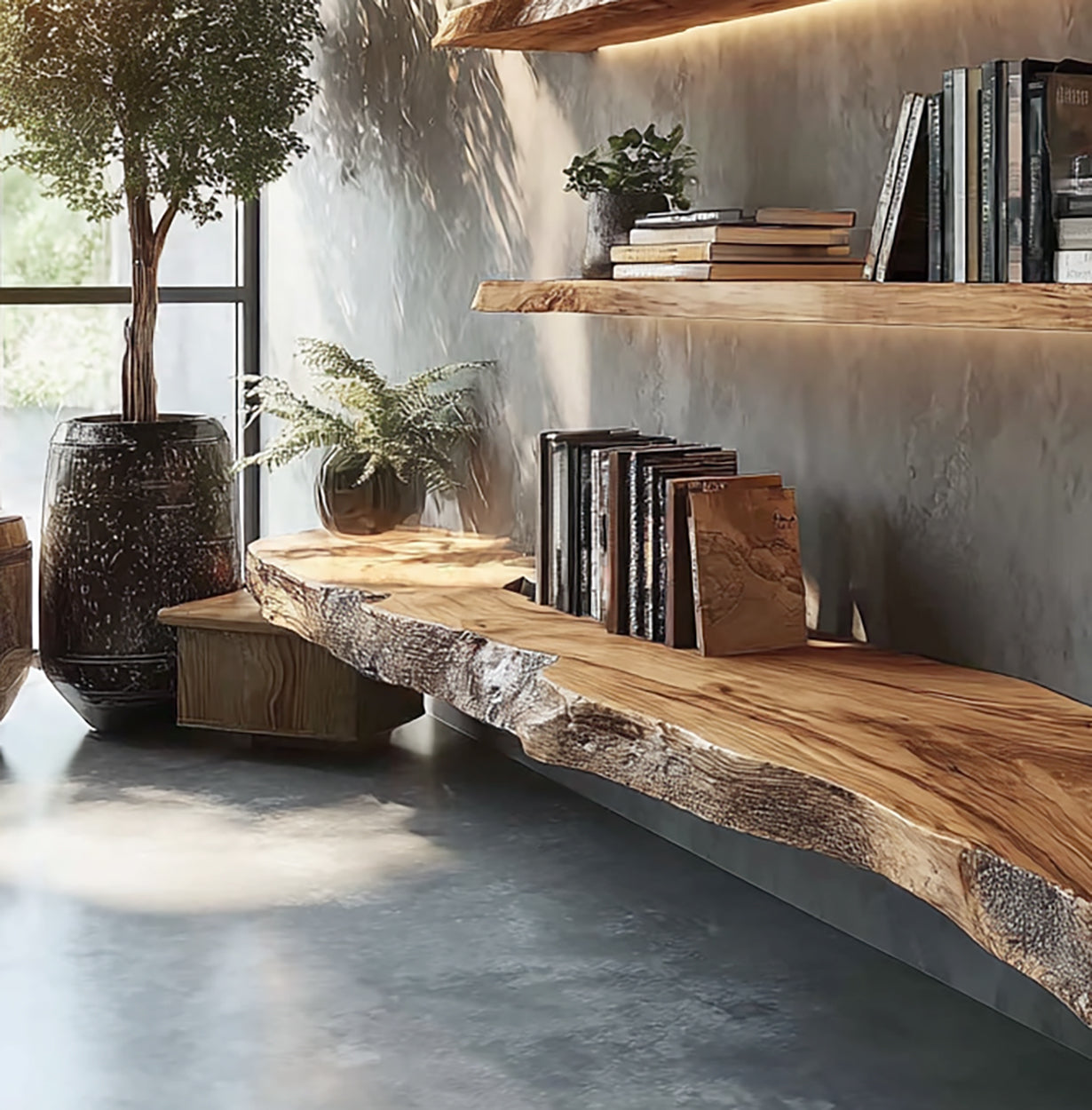 Live Edge Solid Wood Floating Shelves with Warm LED Lighting