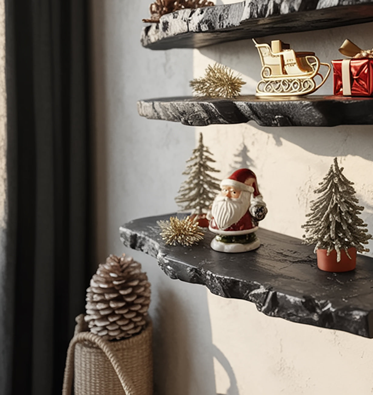 Rustic black wooden shelves with Christmas decorations including Santa figurine, pine trees, and red gift box