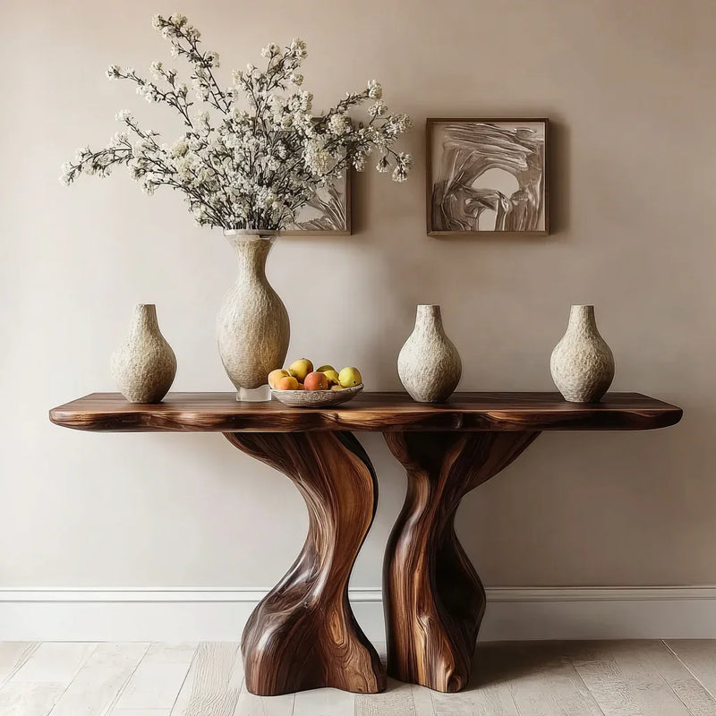 Modern wooden console table with three textured vases, floral arrangement, fruit bowl, and abstract wall art