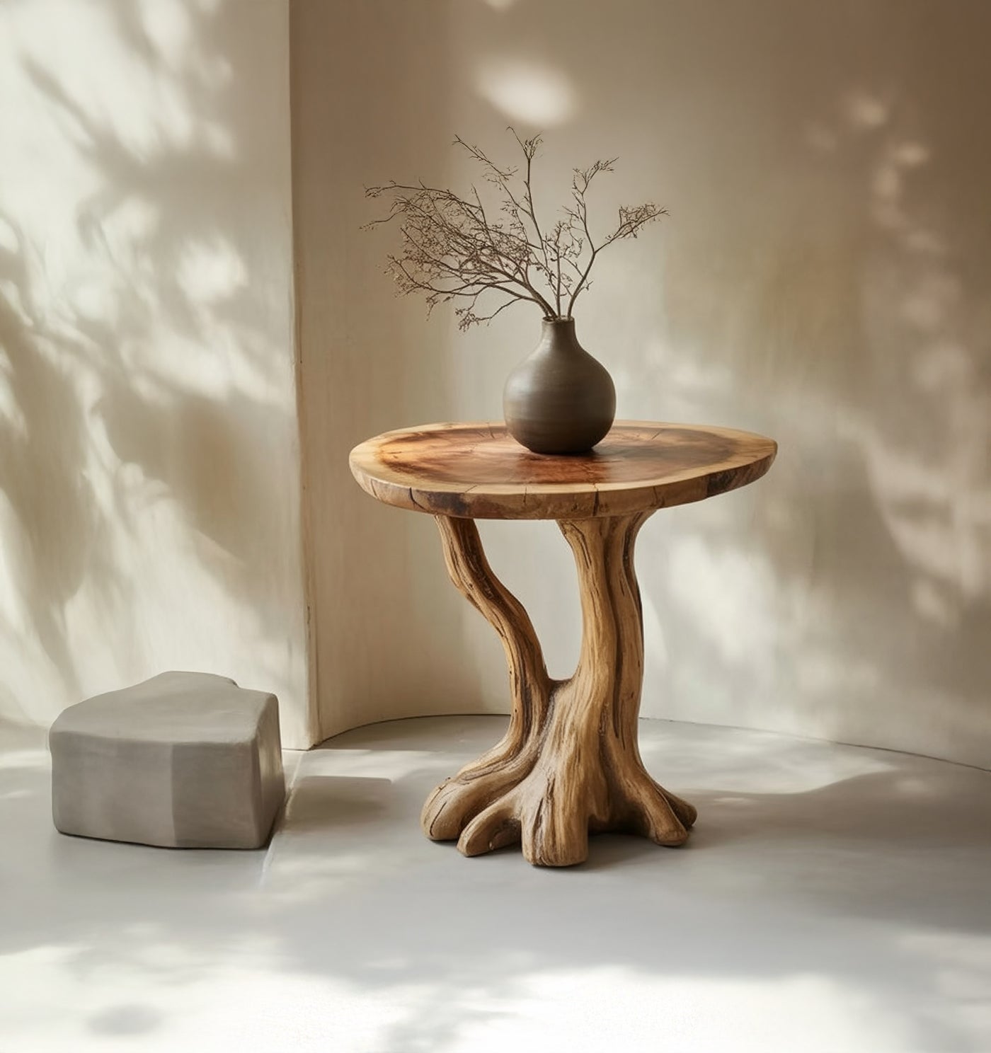 Round wooden table with natural tree root base and ceramic vase with dry branches in minimalist room