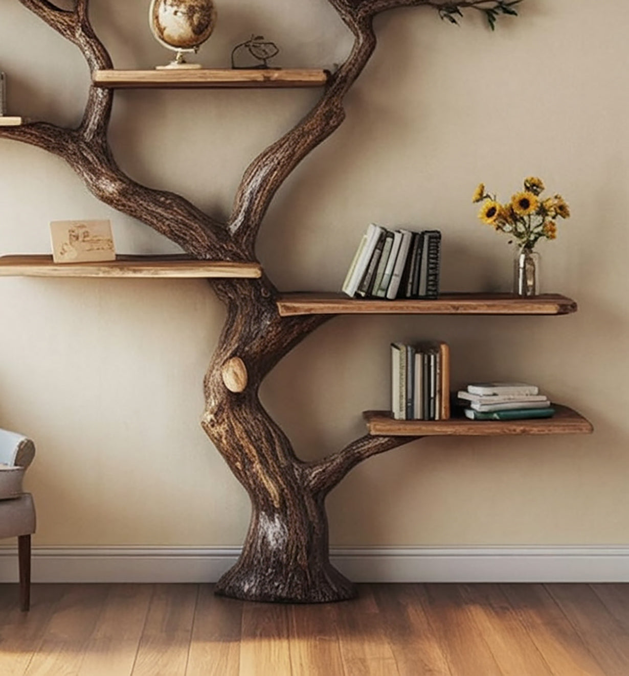 Unique tree-shaped wooden bookshelf with books, globe, and sunflowers in a cozy room