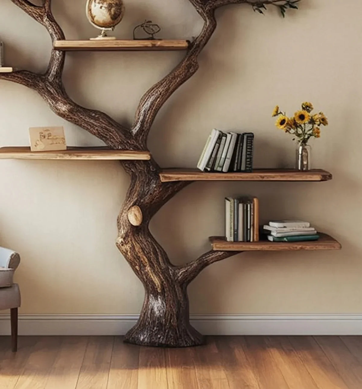 Unique tree-shaped wooden bookshelf with books, globe, and sunflowers in a cozy room