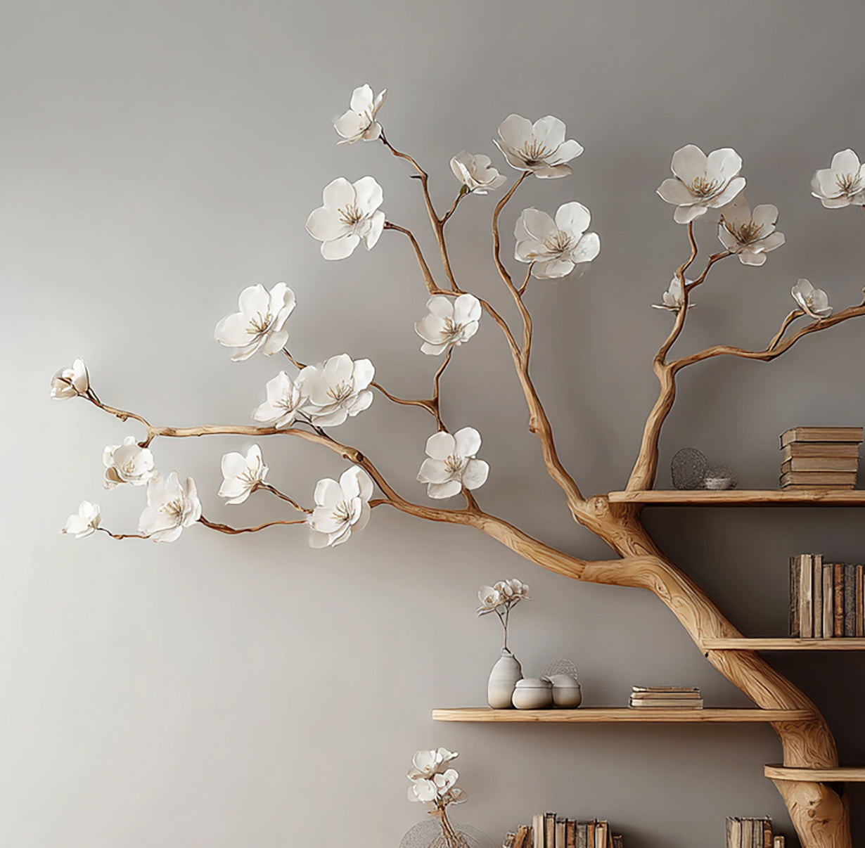 Tree bookshelf with natural wood branches, white flowers, and books on floating shelves