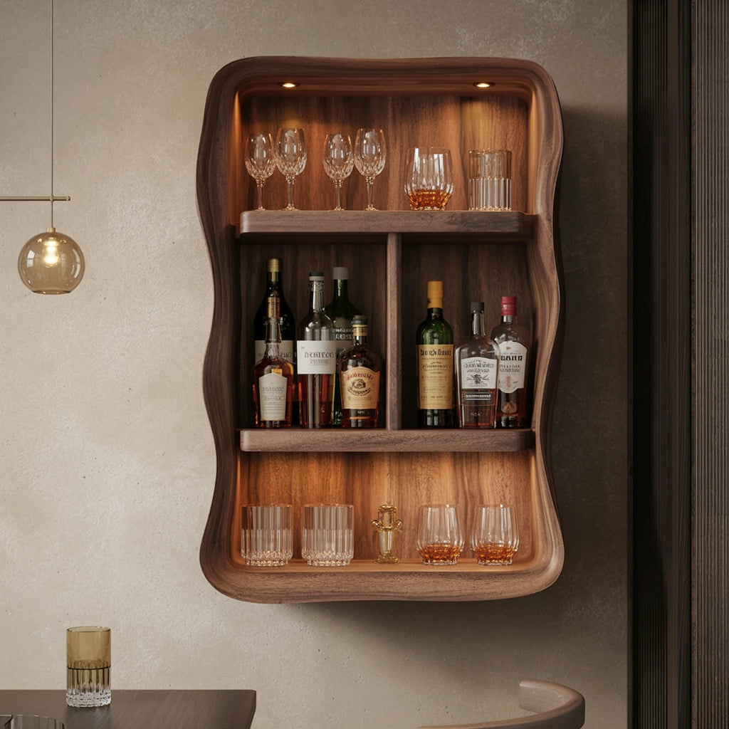 Wall-mounted wooden bar shelf with liquor bottles, whiskey glasses, and ambient lighting in modern room