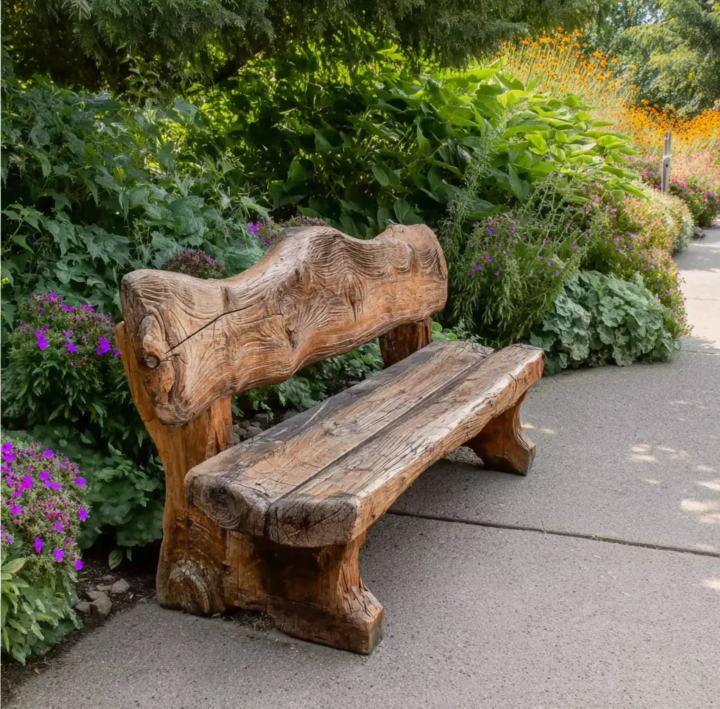Rustic wooden bench on garden pathway surrounded by lush greenery and colorful flowers