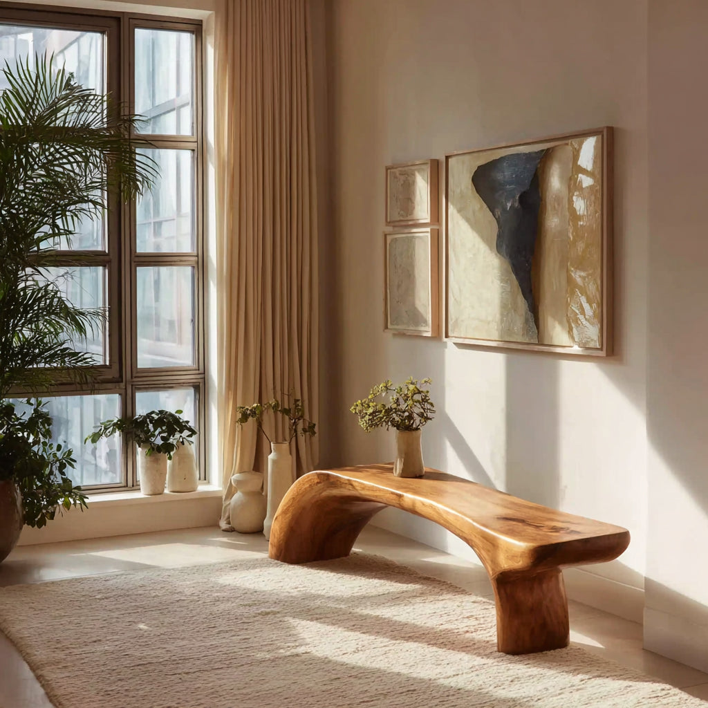 Handcrafted Solid Wood Bench – Modern Curved Live Edge Seating