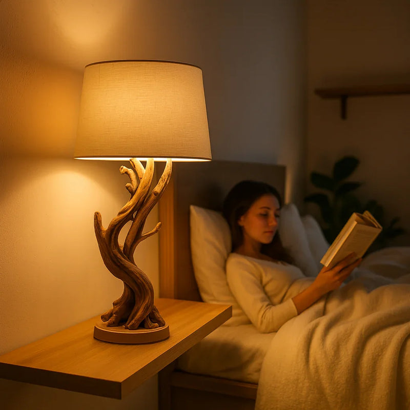 Woman reading in bed next to a live edge wood lamp on floating nightstand