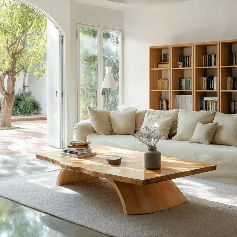 Solid wood live edge coffee table in bright living room with beige sofa and bookshelf