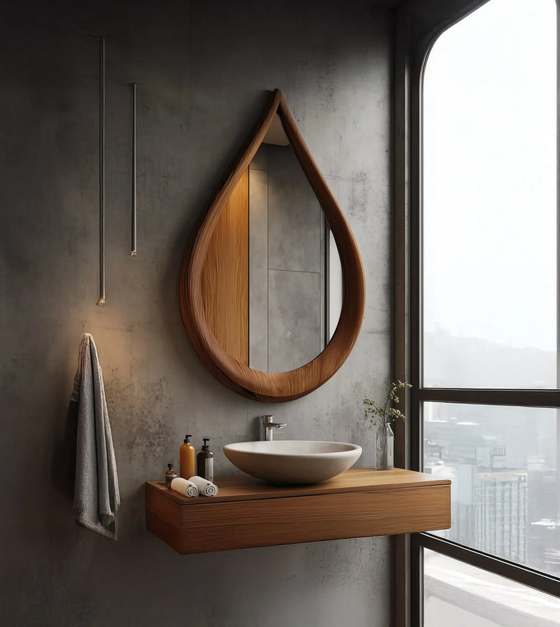 Modern bathroom with live edge wood vanity, vessel sink, and teardrop mirror