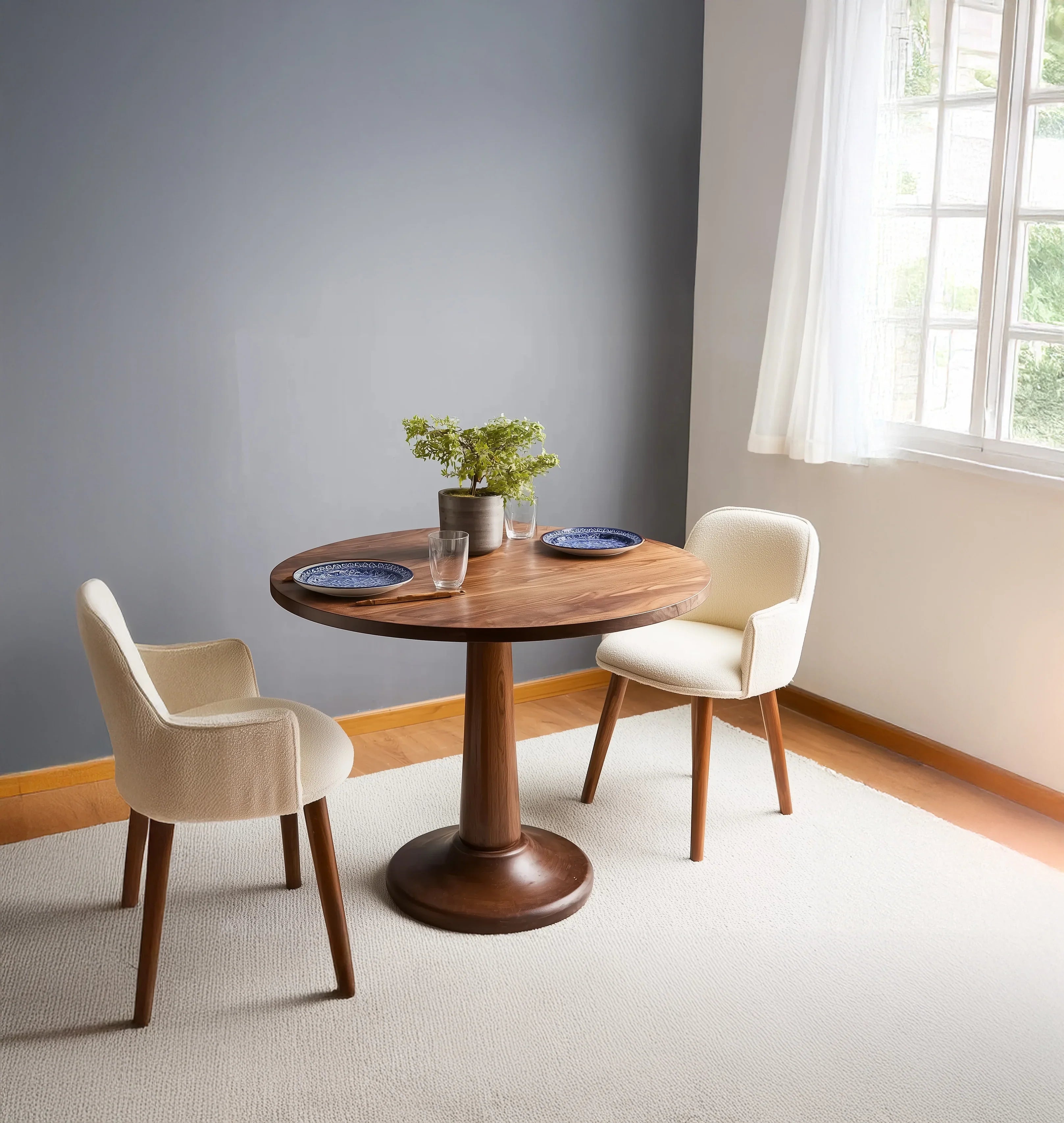 Round solid wood dining table with pedestal base and two modern cream chairs in bright room