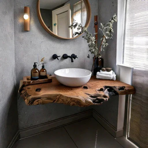 Live edge wood floating vanity with vessel sink in modern bathroom, rustic decor