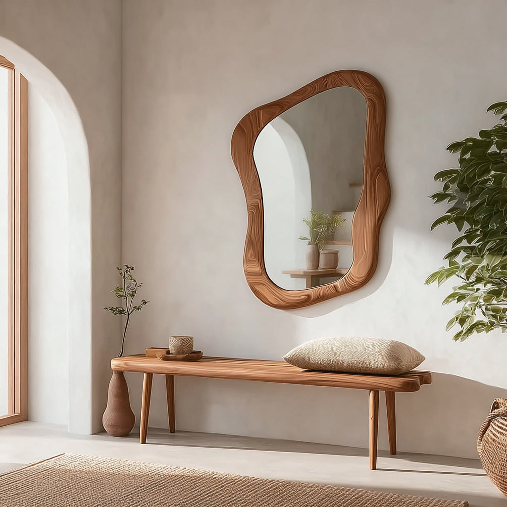 Wood Framed Asymmetrical Large Wall Mirror β Irregular Modern Boho Accent Mirror for Home Decor