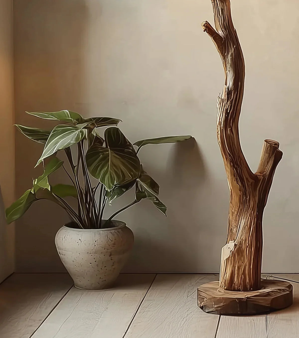 Solid wood tree branch floor sculpture beside a potted plant on wood flooring