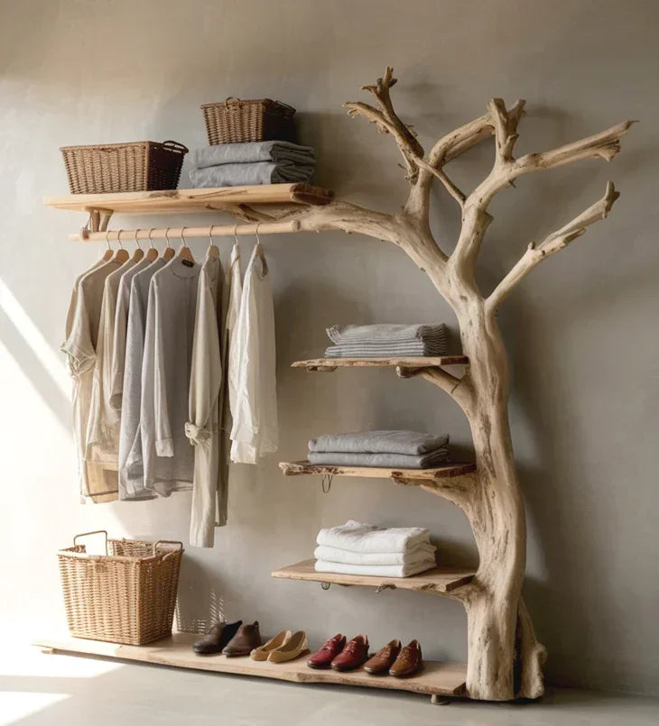 Live edge tree bookshelf with shelves, hanging clothes, baskets, and shoes in a modern room