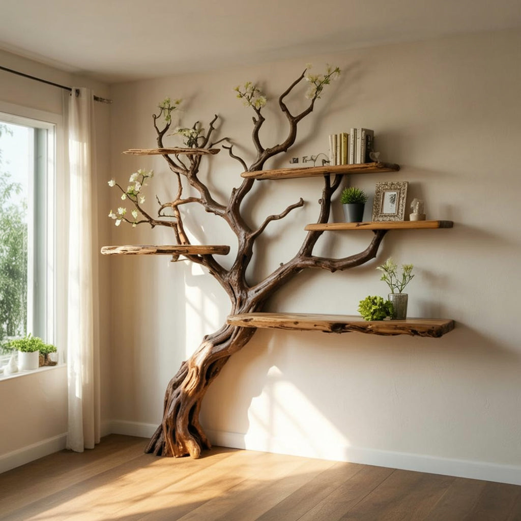 Handcrafted Tree Branch Bookshelf - Natural Wood Floating Shelves - Artistic Wall Decor