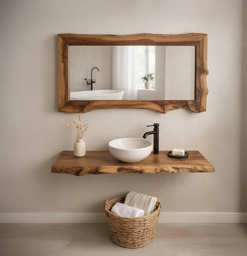 Live edge wood floating vanity with vessel sink, rustic mirror, and woven basket in modern bathroom