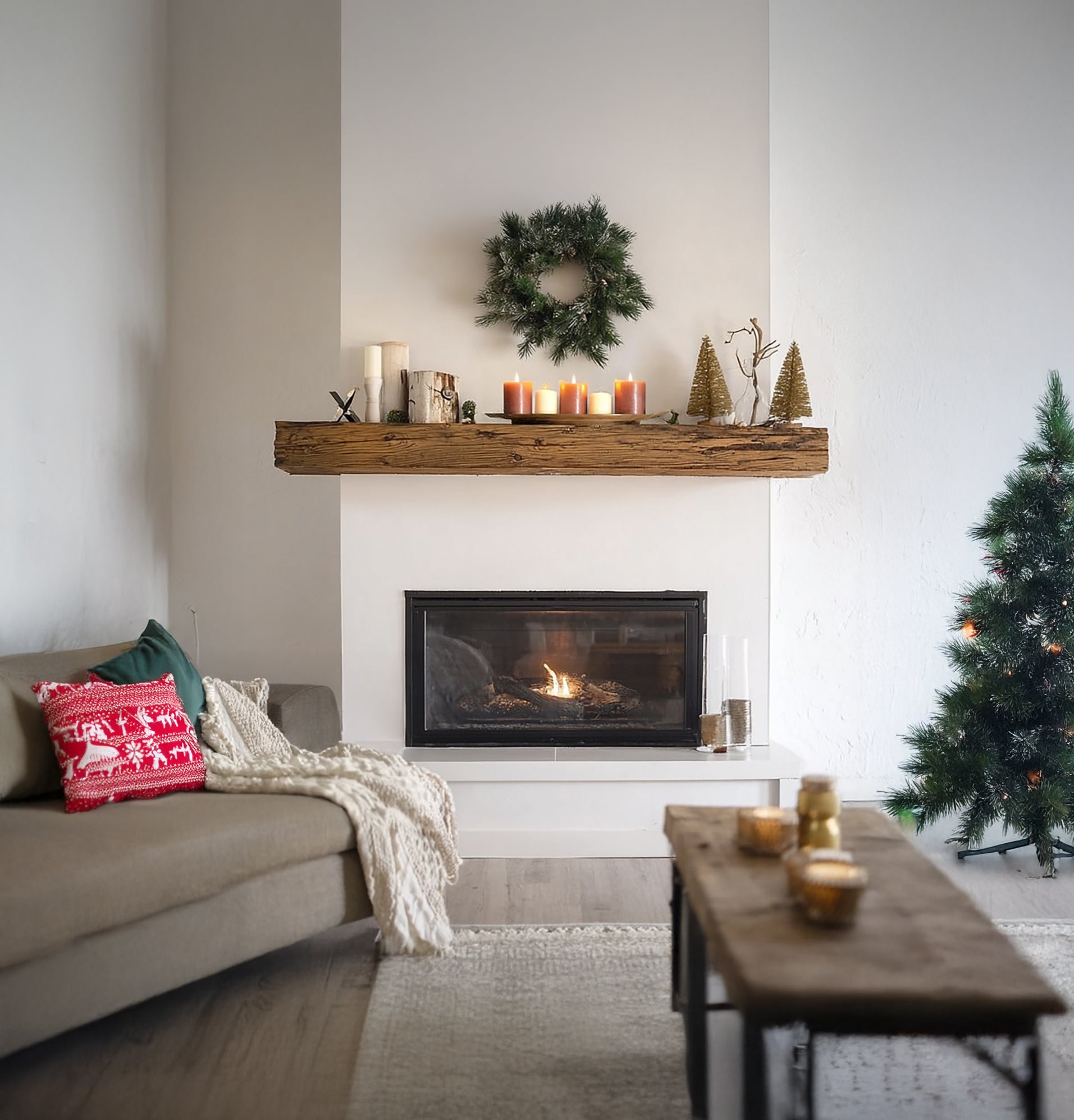 Cozy living room with fireplace, wooden mantle with candles and wreath, Christmas tree, beige sofa with holiday pillows