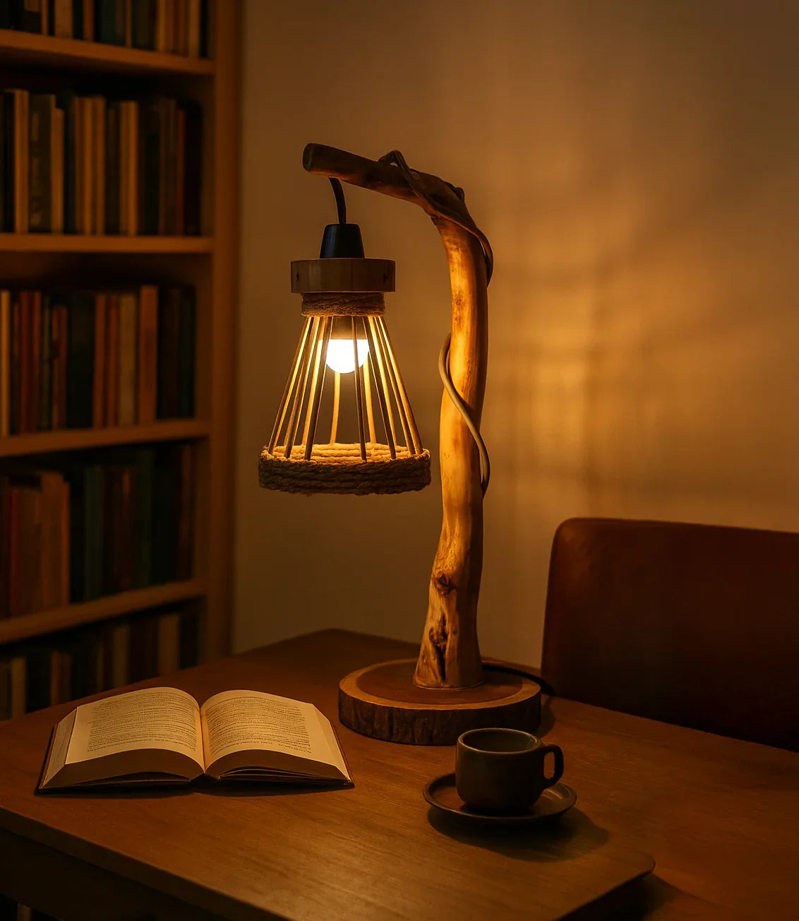 Live edge wooden table lamp on desk with open book and coffee cup, cozy reading nook.