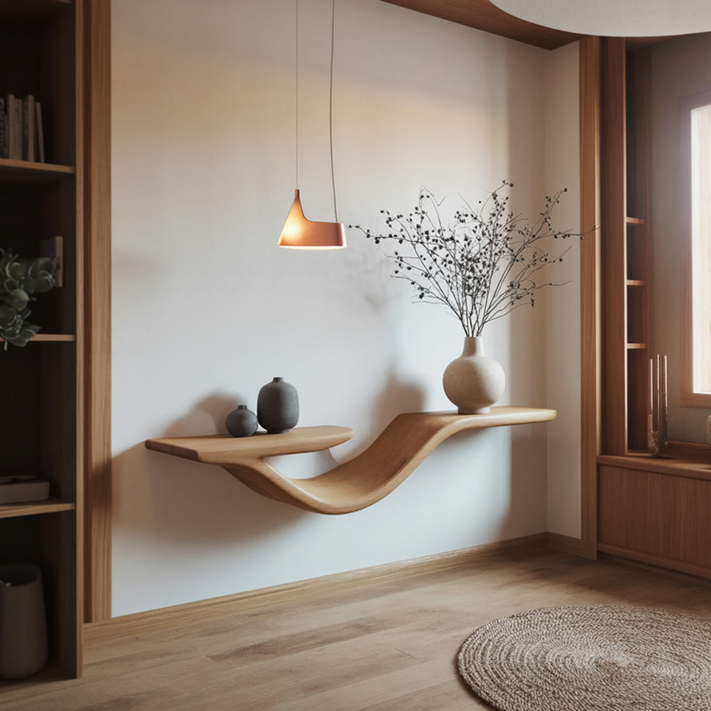 Modern living room with sculpted live edge floating wood shelf, minimalist decor, and natural light.