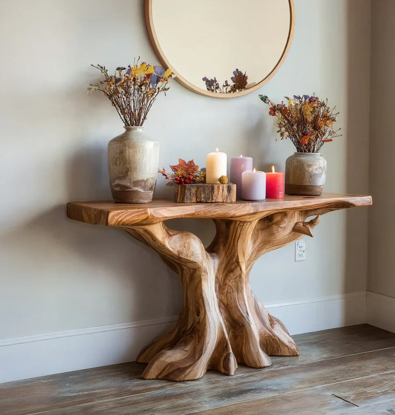 Rustic wooden console table with tree trunk design holding decorative vases, candles, and autumn flowers